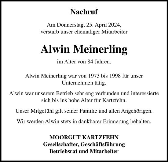 Anzeige von Alwin Meinerling von OM-Medien